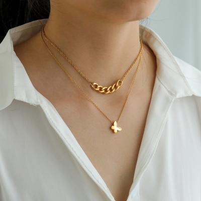 China Fast Delivery Gorgeous 14K Gold Plated Stainless Steel Necklace Double Layer Butterfly Pendant Necklace Women for sale