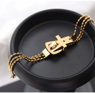 China Trendy 14k Gold Plated Belt Buckle Bracelet Three-Layer Stainless Steel Bead Chain Bracelet for sale