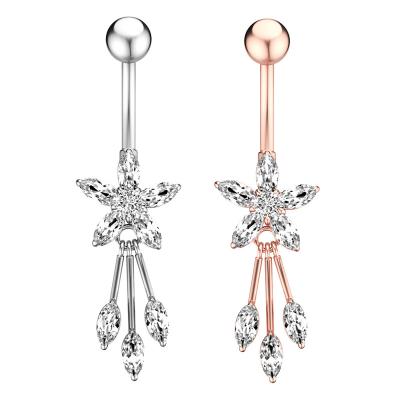 China New FASHIONABLE Style 3 Leaves Zircon Tassel Belly Button Nail Pierced Inlay Stainless Steel Belly Button Rings For Girl Body Jewelry for sale