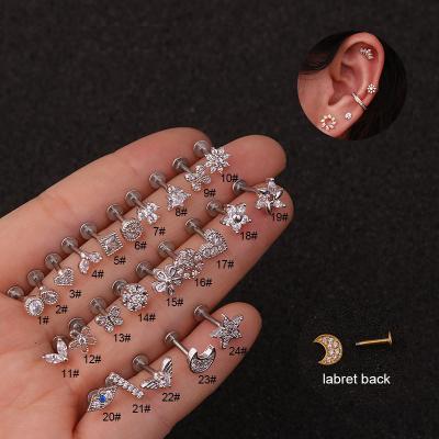 China New Fashion Zircon Stud Earrings Stainless Steel Lip Stud Butterfly Love Moon Star Flat Flower Woman's Ear Stud for sale