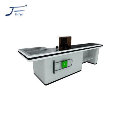 China Modern Design Stainless Steel Supermarket Automatic Checkout Cashier Counter With Conveyor Belt for sale