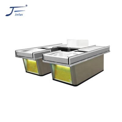 China Modern Design Supermarket Stainless Steel Checkout Cashier Counter With Conveyor Belt for sale