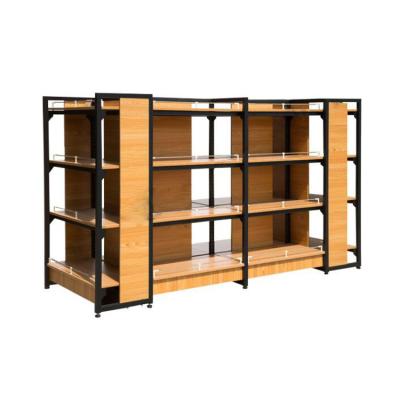 China Supermarket double-sided store metal design shelf display rack wood rack for store mall for sale