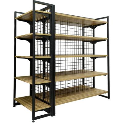 China Double Sided Shelf Metal Supermarket Design Market Mall Store Wooden Rack For Sale for sale