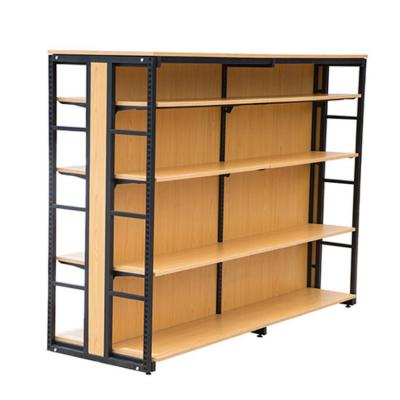 China Cheap Design Retail Store Supermarket Shelf Double Sided Metal And Wood Display Stand Rack for sale