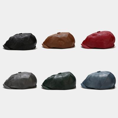 China New Comfortable Simple British Painter Beret Street Fashion PU Winter Leather Hat Men And Women Hat Retro Newsboy Cap for sale