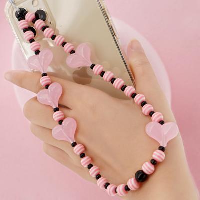 China Korean High Quality Environmentally Friendly Mobile Phone Chain For Mobile Phone Acrylic Love Bead Handmade Beaded Girl Anti-lost Strap for sale