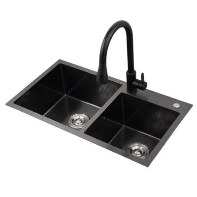 China Without Faucet HM8045N Thickening Square Manual Nano Basin Double Bowl Stainless Steel Black Handmade Kitchen Sink for sale