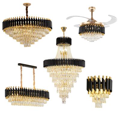 China Empire Palace Modern Living Room Lobby Crystal Chandelier Black Metal Clear Smoke Gray LED Luxury Modern Pendant Lamp for sale