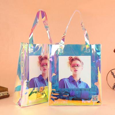 China Custom Hologram Shoulder Thick Durable Standup Transparent Plastic Tote Bag For Women for sale