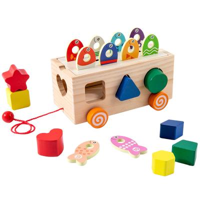 China Eco-Friendly Non-Toxic Wooden Fishing Pull Along Wooden Toy Cognitive Puzzle Shape Sorter Wooden Toy for sale