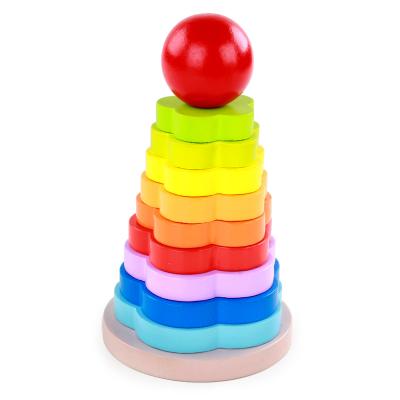 China Eco-Friendly Non-Toxic Colorful Wooden Stacking Rings Tower Educational Toy Rainbow Toy Funny Wooden Rainbow Stacker for sale