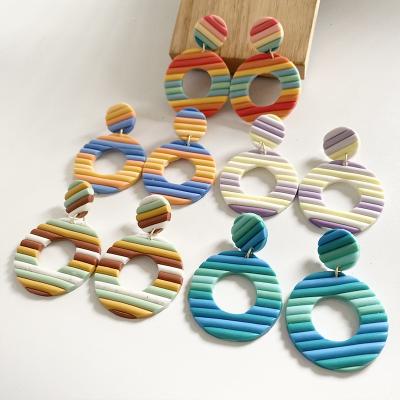 China CLASSIC 2021 Korean Fashion Cute Design Rainbow Color Circle Drop Earrings Hollow Out Shape Handmade Polymer Clay Earrings Women for sale