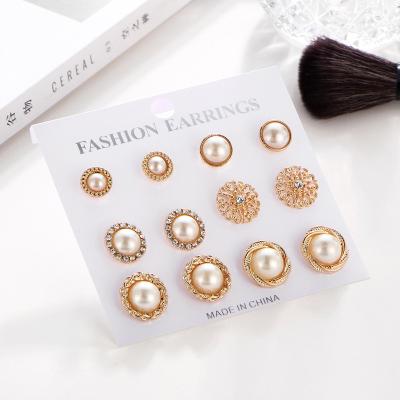 China TRENDY Wholesale Flower Fashion Artificial Pearl Ear Stud Rhinestone 6 Pieces Combination Set for sale