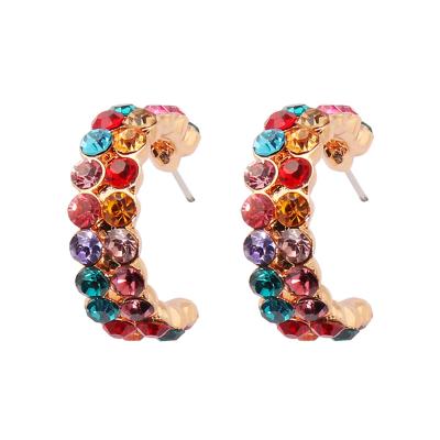 China CLASSIC Fashion Statement Luxury 18K Gold Plated Rainbow Multi Color Crystal Rhinestone C Shaped Cuff Stud Earrings For Women Jewelry for sale