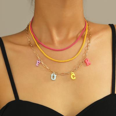 China 2022 Fashion Trendy English Letter Necklace Custom Lady Pendant Neck Chain Candy Color Multilayer Necklace For Women for sale