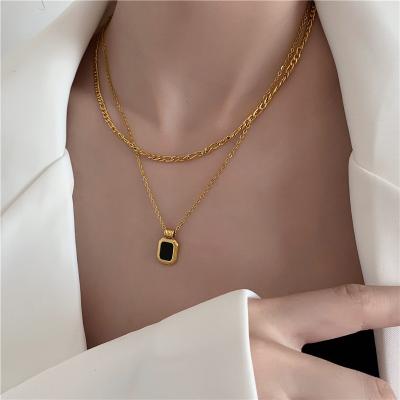 China 2021 Fashion TRENDY Black Enamel Square 18k Gold Plating Double Pendant Chains Stainless Steel Necklace for sale