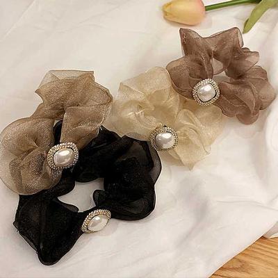 China Custom Made Satin Pearl Organza Hair Accessories Gilr Hair Accessories Silk Hair Scrunchies Elastic Headband For Girl for sale