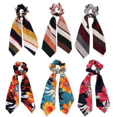 China Wholesale Silk Hair Decoration Girls Hair Scarf Girls Ponytail Chiffon Print Scrunchiesr Hair Accessories Long for sale