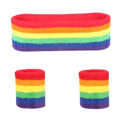 China Keep Warm 3 Pieces Sweatbands Set Sports Sweatband Wrist Sweatbands Rainbow Striped Band for Sporty Men and Women for sale