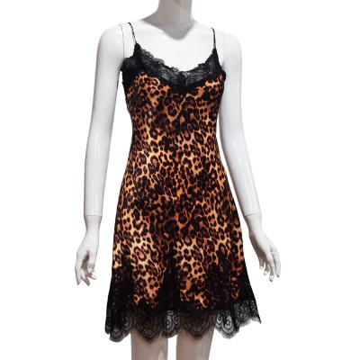 China Female Lady Hanging Silk Vestidos Custom Women Nightgowns Summer Sexy QUICK DRY Leopard Pattern Lace Up Short Sleeveless Pajamas Dress for sale