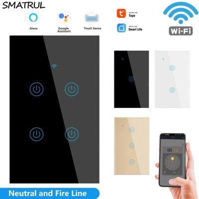 China Tuya Touch Wall WiFi Switch Light App Smart Life Neutral Wire Required US 1/2/3/4 Band Glass Google Alexa 110V 220V SWU01 Home for sale