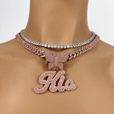 China Cute TOP GLACIAL Cuban Chain Necklace 9mm Butterfly Circle Name Full Iced Out Zircon Personalized Hiphop Necklace for sale