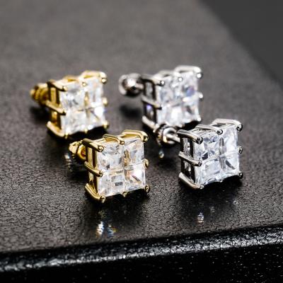 China Hiphop Hip Hop Gold Color Silver Earrings Iced Out Cubic ZirconCZ Square Shape Wand Stud Earrings For Women Jewelry for sale