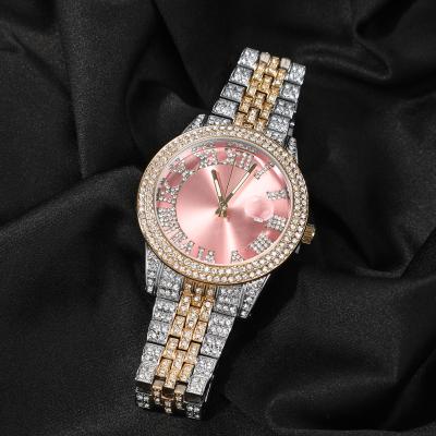 China Unique Design Hip Hop Auto Date Luxury Fashion Women Watch Ice Pink Green Color Watches Women Wrist Luxury for sale