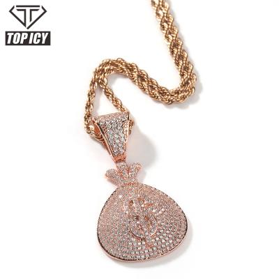 China Trendy Hiphop Design Iced Out Silver Bag Pendant And Charm Mens 18k Gold Plated Brass AAA CZ Stone $ Bag Shape Pendant Necklace for sale