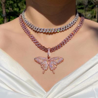 China Hiphop Lovely Pink Color Cute Small Fine Butterfly Necklace Jewelry Gift For Girl Hip Hop Iced Out Pink Butterfly Necklace Set for sale