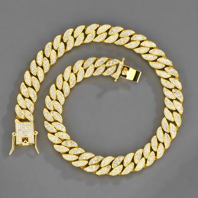 China Hiphop Europe and America Men's High Quality Cuban Chain Hip Hop Alloy Zircon 15mm Hip Hop Chain Necklace for sale