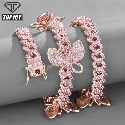 China 2022 Hiphop Rose Gold Plated Iced Out Rhinestone Alloy Butterfly Necklaces Cuban Chain Bracelets Wholesale Hip Hop Jewelry for sale