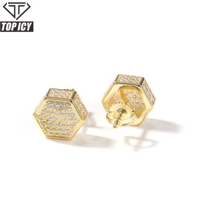 China Hip Hop Hip Hop Bling CZ Silver 925 Stud White Gold Iced Out 925 Sterling Style Unisex Hexagon Europe Accessories Silver Earrings for sale