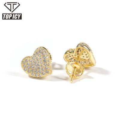 China Luxury Hiphop Hip Hop Fashion Heart Stud Earrings For Women 2021 Gold D.C.A. CZ Silver Cubic Zircon Stud Earring Iced Out for sale