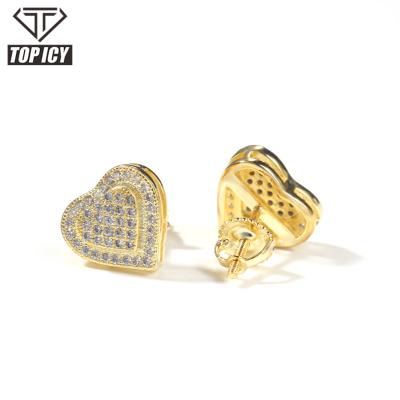 China 2021 Hiphop Heart Earrings Gemstone Stud Earring For Women Hip Hop Crystal Studs Earrings For Men Cubic Zircon Bling Gold Plated for sale