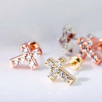 China Cute Hiphop Women Girl Cross Gold Rose Silver 925 D.C.A. CZ Gold Zircon Small Cross Earrings Iced Out Hip Hop Style Earrings for sale