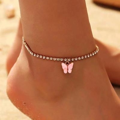 China Hiphop Butterfly Acrylic Pendant Anklets Cuban Bracelet On Leg For Women Animals Charms Rhinestone Tennis Foot Chain for sale