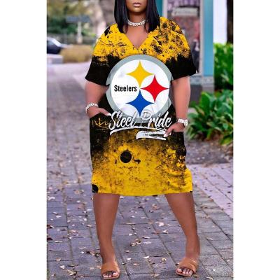 China Breathable Hot Sales New Plus Size American Football Team Women 3D Digital Printed Sports Dress Women Casual Style Steelers Dress for sale