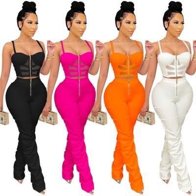 China M&F Best Seller Anti-Pilling Women Neon Stacked Pants Set 2022 Sexy Two Piece Pants Set Solid Color 2 Piece Set Women Clothing for sale