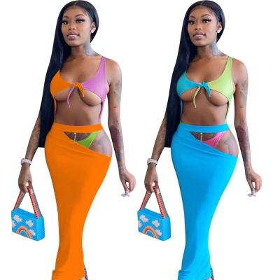 China New Arrival Women's M&F Bikini Two Piece Set Contrast Color Jumpsuit Solid Color Swimsuit Casual Sexy Neon Beach Wear Skirt for sale