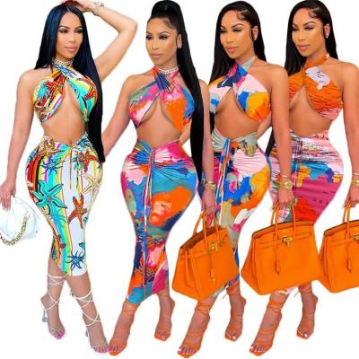 China M&F hot selling women's anti-pilling dresses 2022 summer sexy skirt set print women skirts two-piece set for sale