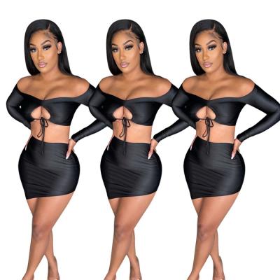 China Anti-pilling High Quality M&F Long Sleeve Off The Shoulder Hollow Crop Dress Black Top Two Piece Summer Mini Skirt Short Set Women Sexy Clothing for sale