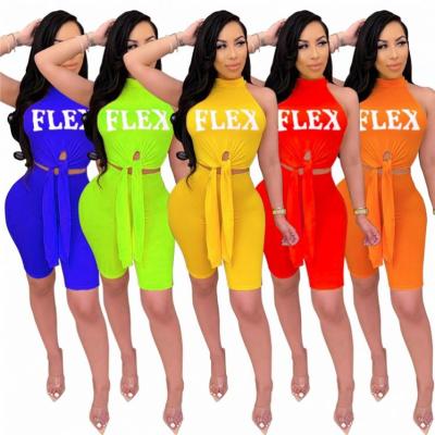 China M&F high quality anti-pilling tie knot crop tops summer casual letter sleeveless women shorts set two piece set 2022 outfits shorts for sale