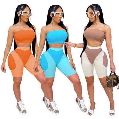 China M&F Best Seller Streetwear Sportswear Anti-pilling Neon 2 Piece Set Women Solid Color Breast Wrap Elasticity Shorts Two Piece Crop Set for sale