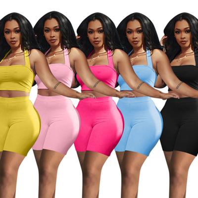 China Wholesale M&F Set Women Solid Color Two Piece Neon Halter Anti-Pilling Top Elastic Waist Shorts 2 Pieces Set Women for sale