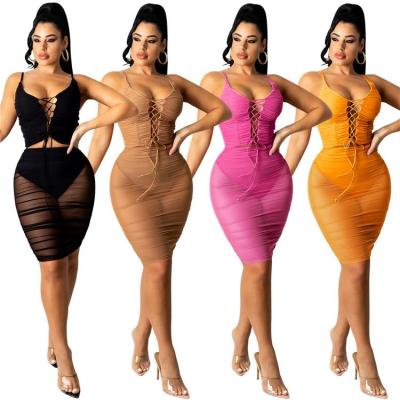 China Wholesale Nightclub Anti-pilling Mesh Spaghetti Strap Dress Women sexy Bodycon Solid Neon Mini Strap Drawstring Dresses M&F for sale