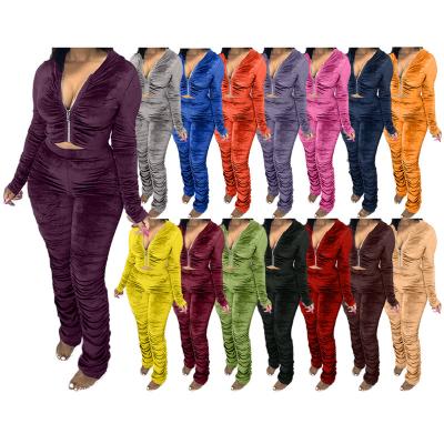 China Women's Breathable Sexy Zipper Women's Hoodies Winter Plush Sleeve Cardigan Coat+Pant Long Stacked Pants Sweatsuits for sale