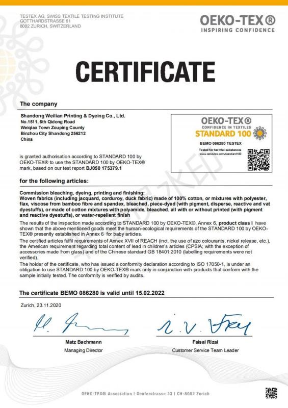 OEKO-TEX 100 CERTIFICATE - shanghai fartex imp. & exp. co., ltd.