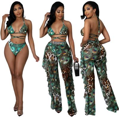 China 2022 summer beach swimwear loose print bikini 3 ladies women fashion mushroom edge v neck breathable warm halter three set two-piece outfits for sale